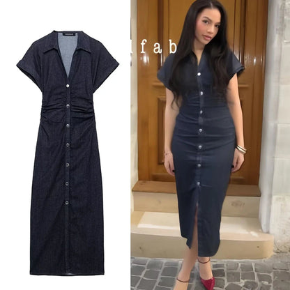 Blue Denim Elegant Midi Dress