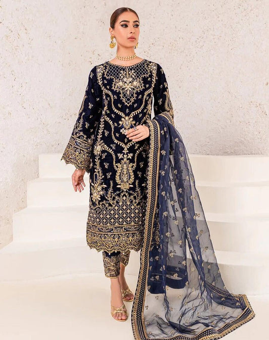 TRENDING VELVET EMBROIDERY SEQUENCE LACE WORK TOP BOTTOM WITH DUPATTA NAVY BLUE