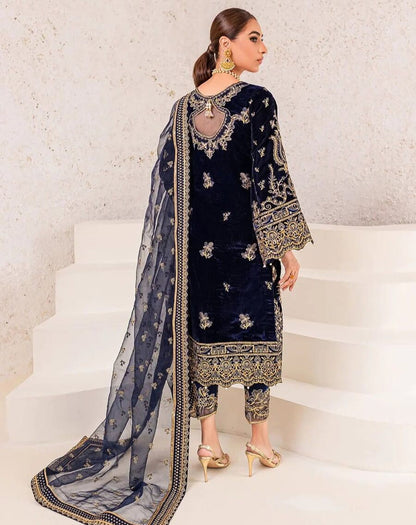 TRENDING VELVET EMBROIDERY SEQUENCE LACE WORK TOP BOTTOM WITH DUPATTA NAVY BLUE