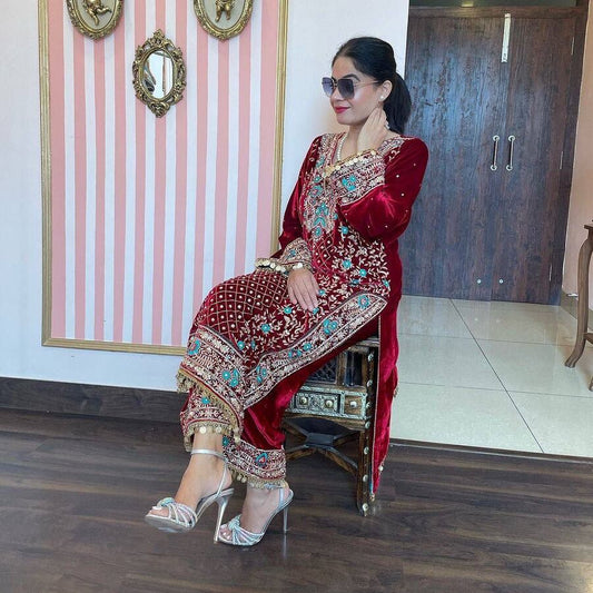TRENDING VELVET EMBROIDERY SEQUENCE LACE WORK TOP BOTTOM WITH DUPATTA MAROON