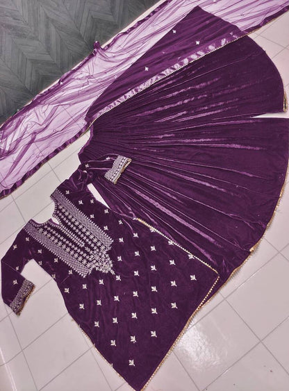 TRENDING VISCOSE VELVET EMBROIDERY WORK TOP PALAZZO WITH DUPATTA