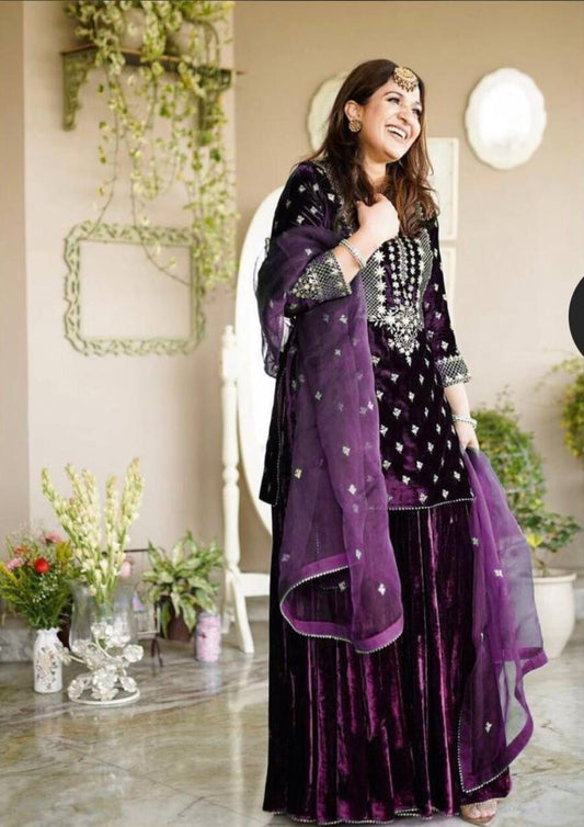 TRENDING VISCOSE VELVET EMBROIDERY WORK TOP PALAZZO WITH DUPATTA